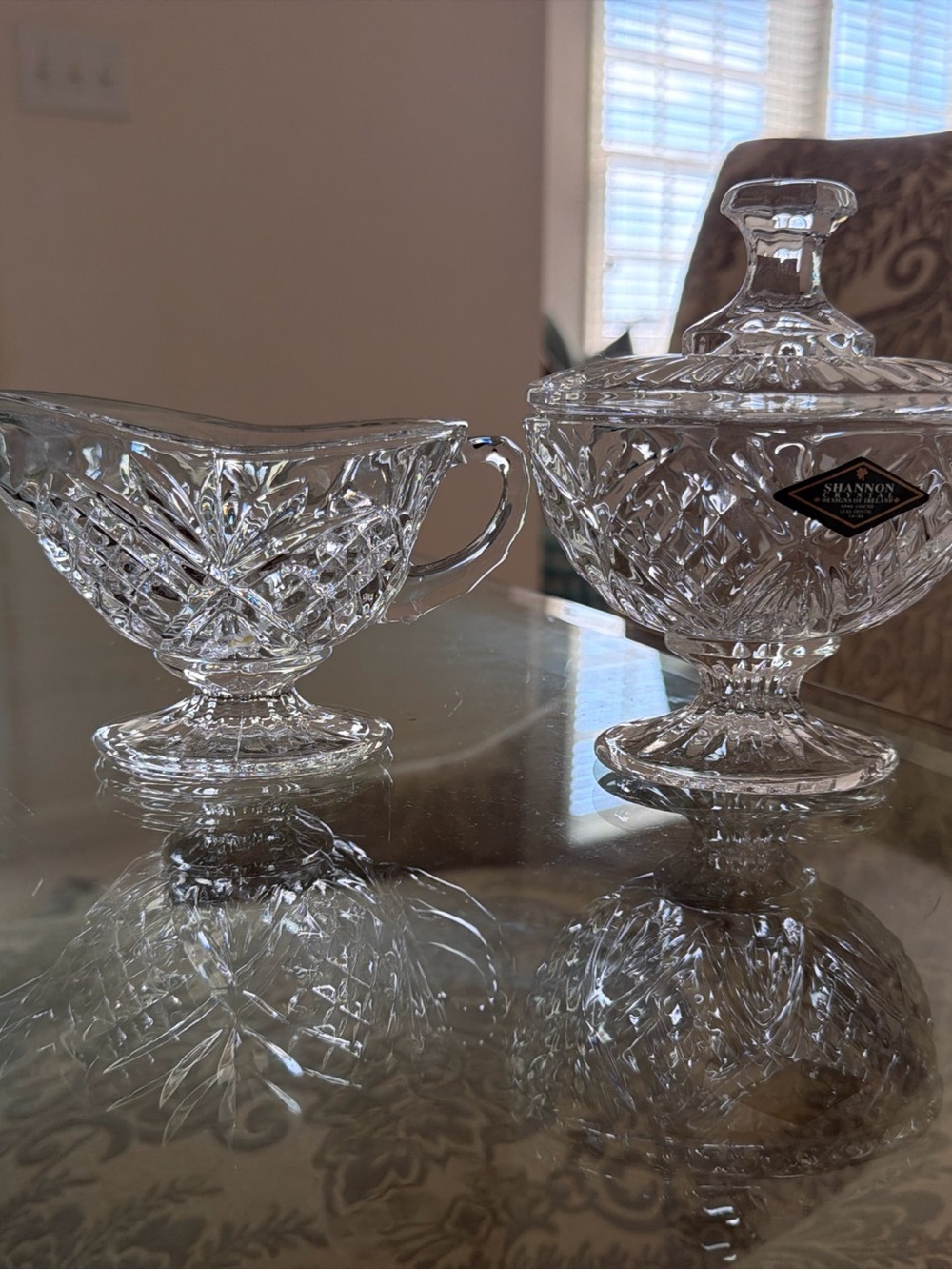 Shannon Crystal Clear Glass Lidded sugar and creamer set